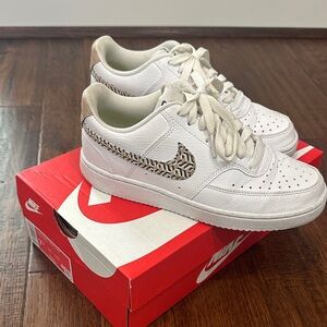 Nike White and Brown Sneakers with Patterned Swoosh